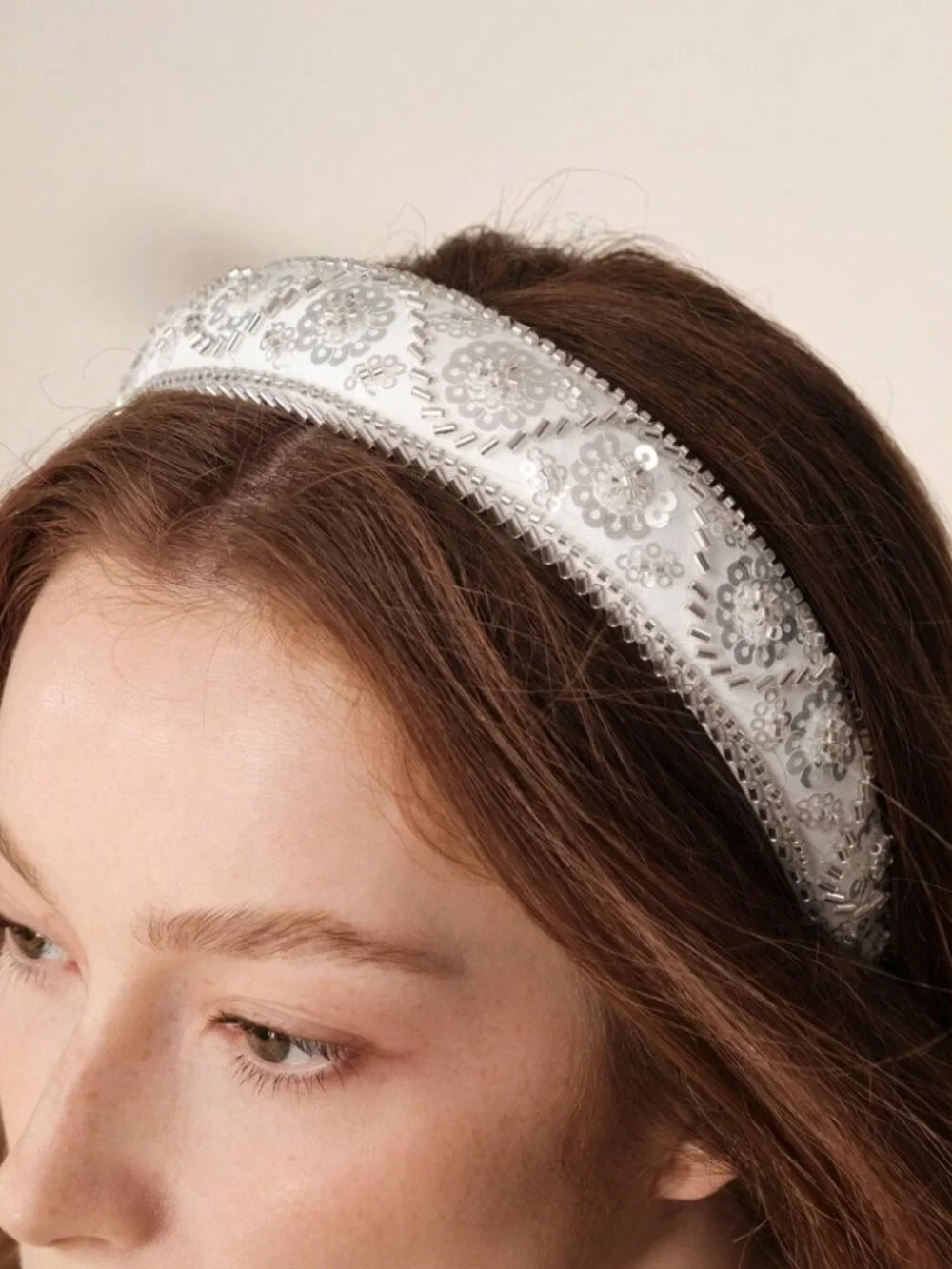 White Sequin Beaded Floral Headband